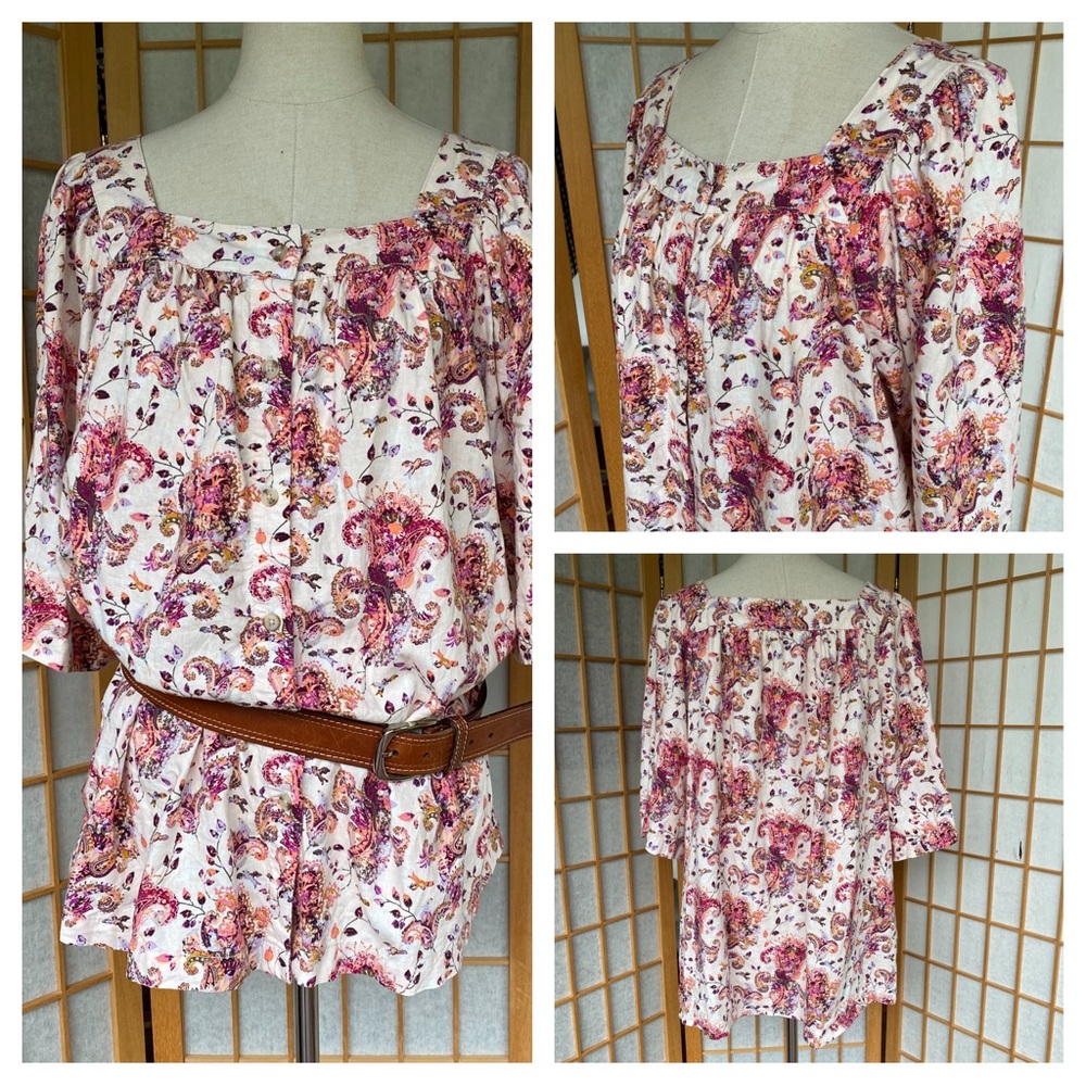 Caffe Marrakech Floral/Bird Print Linen Blend Top SZ L